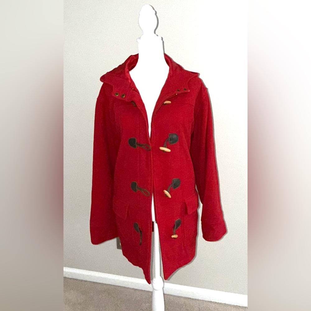 Liz Claiborne Red Utility Jacket with Hood & Toggle Buttons